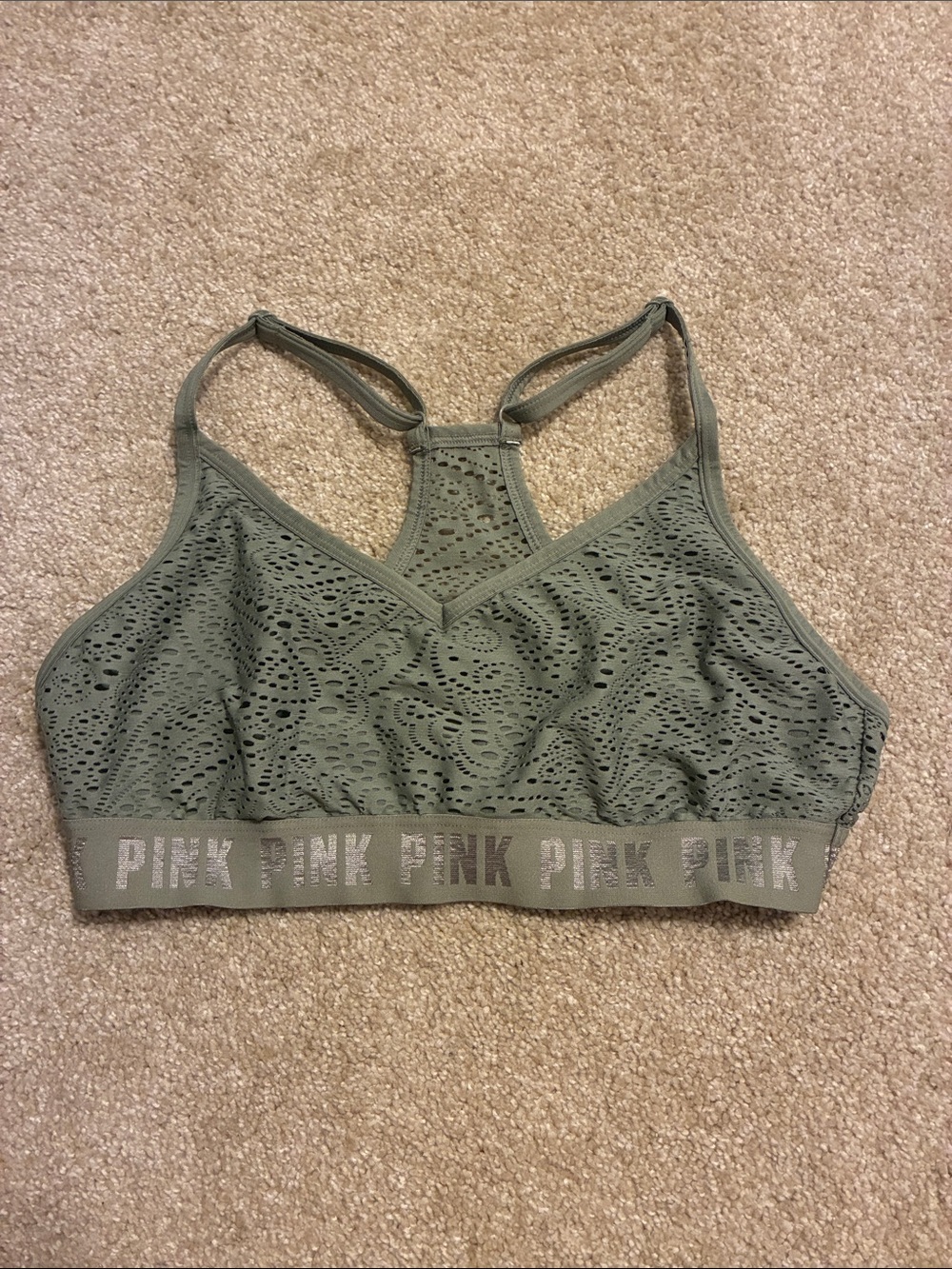 PINK Victoria's Secret Olive Green Lace Racerback Bralette
